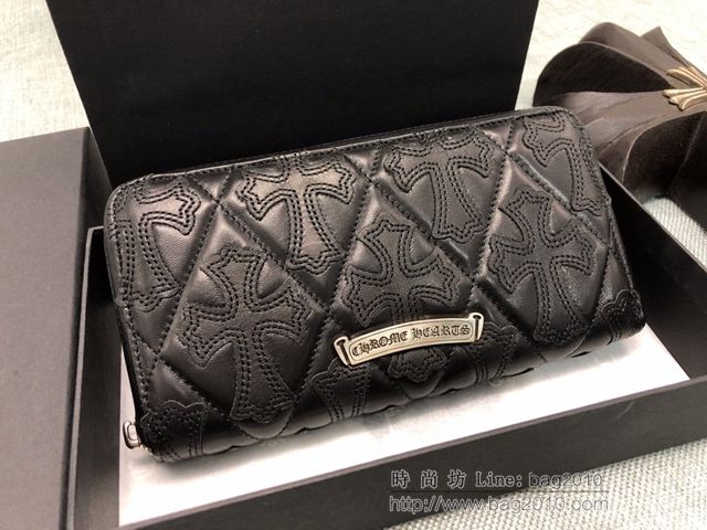 chrome hearts包 S925純銀五金配件 克羅心黑色羊皮 多十字架長款錢包 克羅心拉鏈錢包  gjc1786